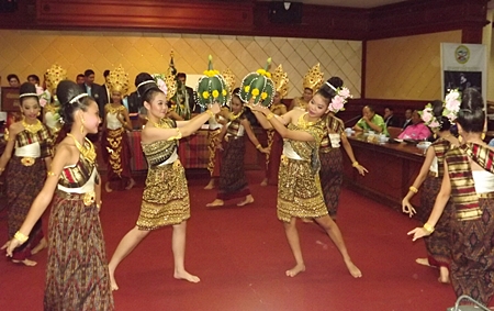 Students from Juthamas Beauty School perform the traditional Isaan dance ‘Bai Sri Suu Khwan’ for the wrist-binding with white string ceremony. 