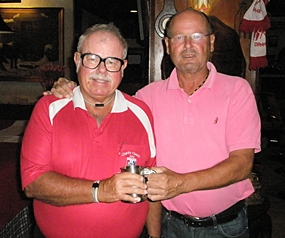 ‘The Admiral’ (left) presents The Cafe Kronborg March Monthly Mug to Niels Hansen.