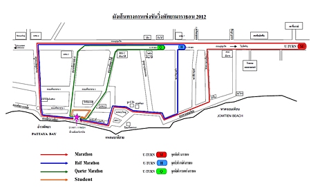 This map released by City Hall shows the outline of the Pattaya Marathon routes for 2012. 