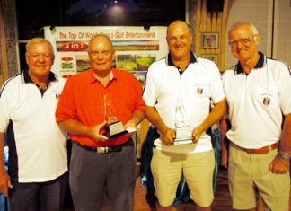 Charity Classic winners, Bob Linborg (2nd left) and Neil Lavery (3rd left) with PSC Golf Chairman Joe Mooneyham (left) and PSC President Tony Oakes (right).