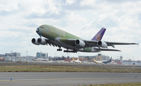 First THAI A380 takes off from Toulouse for its maiden flight. 