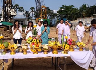 The Palm Wongamat Beach recently organised a spiritual blessing ceremony of their land located at the end of Soi 16 Wongamat by inviting a selected team of spiritual people to help bring good spirits to their project before construction begins. In traditional style, the spouses of the owners (l-r) Vipharat Fineman, Sukanya Gale and Kazuko Kasemsri Na Ayudhaya were asked to pray to welcome these good spirits in to the project and guard over it. ItalThai Trevi cranes and heavy plant gear was standing by to begin pre-construction preparations which are now completed. The Palm aims to complete construction of their stunning 46 and 26 story towers in 36 months time and once completed promises to become one of the most desirable condominium addresses in Pattaya.