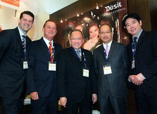 Chanin Donavanik (2nd right), Managing Director and CEO of Dusit International led his team of top executives (l-r) Simon Burgess, AVP-Global Sales; Peter Komposch, GM of Dusit Thani Laguna Phuket; Chatchawal Supachayanont, GM of Dusit Thani Pattaya; and Victor Sukseree, GM Dusit Thani Hua Hin to attend the 46th ITB Berlin Convention held from March 7-11, 2012. They were amongst the more than 10,644 trade visitors and exhibitors from 187 countries. The Dusit International booth was graced by the royal visit of HRH Princess Ubolratana in a show of support to the Thai hospitality brand and other Thai participants in the world’s largest tourism convention.