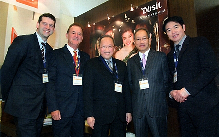 Chanin Donavanik (2nd right), Managing Director and CEO of Dusit International led his team of top executives (l-r) Simon Burgess, AVP-Global Sales; Peter Komposch, GM of Dusit Thani Laguna Phuket; Chatchawal Supachayanont, GM of Dusit Thani Pattaya; and Victor Sukseree, GM Dusit Thani Hua Hin to attend the 46th ITB Berlin Convention held from March 7-11, 2012. They were amongst the more than 10,644 trade visitors and exhibitors from 187 countries. The Dusit International booth was graced by the royal visit of HRH Princess Ubolratana in a show of support to the Thai hospitality brand and other Thai participants in the world’s largest tourism convention.
