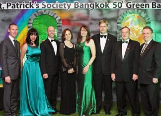 Shane Stephens (3rd right), Deputy Head of Mission, Embassy of Ireland and Steven Chandler (3rd left) Deputy Head of Mission, British Embassy recently were the guests of honour at the St. Patrick’s Society Bangkok 50th Anniversary Green Ball held at the Amari Watergate Bangkok. The event, attended by more than 300 guests, was organized by the St. Patrick’s Society Bangkok headed by President Gail Wright (4th right). Other guests included Tristan de La Porte du Theil, Nadia Hadi, Maeve Stephens, Gerry Wright and Pierre-Andre Pelletier, the hotel’s General Manager.
