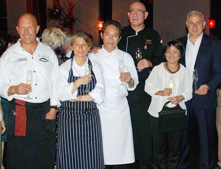 (L to R) Steven Snow, Maria Elia, Chan Kam Yuen, Kai-Uwe Klens, Miss Sarantorn Srinoi, CEO of Sri Siam Wines, and Peter Papanikitas, CEO of Stonefish.
