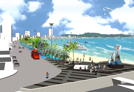 An artist’s rendering of the improved landscaping and increased traffic lanes on Pattaya Beach Road to begin in 2012. 