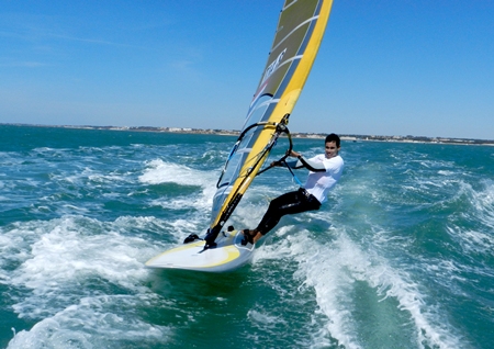 Aek Boonsawat performs during practice at the RS:X World Windsurfing Championships 2012 in Cadiz, Spain. 