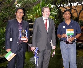 British GM, Nigel Short, centre, the Bangkok Open Champion 2012, stands alongside India’s M.R. Venkatesh and Neelotpal Das at the conclusion of the tournament.