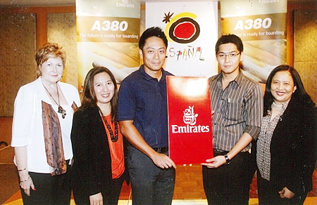 Jirasak Tingsuk (3rd from left), senior sales executive of Emirates, presents the winning return air ticket to Spain to Rattasorn Kanauwat (2nd from right), operation manager of TravelMate International Co Ltd. Also present are Vien Cortes (far right); market analyst for Southeast Asia, Australia and New Zealand of the Spain Tourism Board; Dr. Valerie McKenzie (far left), managing director of Thana Burin Asia Pacific Ltd., and Kasemsri Kaewthammachai (2nd from left), public affairs director of Thana Burin Asia Pacific Ltd. The company was recently appointed as Spain Tourism Board Public Relations representative in Thailand aimed at promoting Spain destinations to trade and press members and the general public. 