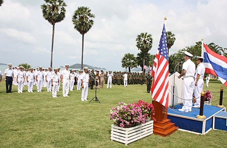 Rear Adm. Paithoon Prasopsin, commander of the Royal Thai Navy’s Frigate Squadron 2, and Rear Adm. Thomas F. Carney, commander of the U.S. Logistics Group for the Western Pacific address the troops at the beginning of the exercises.