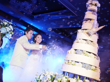 The bridal couple cuts the cake. 