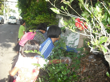 Children from the Child Protection and Development Center dig deep into the brush to pick up litter. 