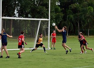 Thailand on the attack against Singapore B in the ladies Plate final.