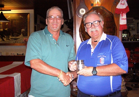 Peter Blackburn, left, receives the Cafe Kronborg April Monthly Mug from ‘The Admiral’.