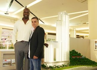 Former LA Lakers basketball star Ike Nwankwo (left) recently visited the Tulip Group’s Waterfront Suites & Residences booth which formed part of the Siam Paragon Luxury Property Expo held in Bangkok from May 10-20. The 6ft 11 inch NBA star, who has been working in Thailand for the past couple of years with his basketball training academy for youngsters, showed a keen interest Pattaya’s latest tall development which is already proving to be a slam dunk for the Tulip Group and its CEO, Kobi Elbaz (right). As of the beginning of May the Waterfront had sold out 60% of its units.