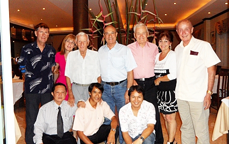 Tony Portman (centre), a well-known Pattaya medium celebrated his 71st birthday with close friends at Alois Restaurant recently. Guests at the birthday party included Alasdair Stewart, Gill Stewart, Archie Dunlop, Peter Close, Elfi Seitz and Alex McIntyer. (front row l-r) Vichai Pryatrakulruji, Nak Sideang and Rin Permboong.