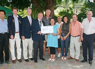At a small ceremony held at the Norwegian Church recently, Gudmund Eiksund, president of the Rotary Club of Jomtien-Pattaya together with fellow members Vutikorn Kamolchote, Jan Olav Aamlid and Dieter Reigber presented a donation of 100,000 baht to Piangta Chumnoi, director of the Ban Jing Jai Foundation. On hand to receive the donation were members of the building committee Hans K. Nyvoll, Stephen and Lamyai Beard, Jim Farmer, and John Haerum.