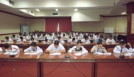 Students from Pattaya and Banglamung take a written test to begin the 7th annual Young Ambassador contest. 