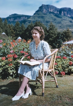 In this April 21, 1947 file photo, Britain’s Princess Elizabeth, later Queen Elizabeth II, sits at Natal National Park in South Africa, on her 21st birthday. (AP Photo/Eddie Worth, File)