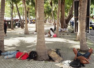Despite city efforts, homeless are still abundant in Pattaya, and in this case take naps under a beach coconut tree.