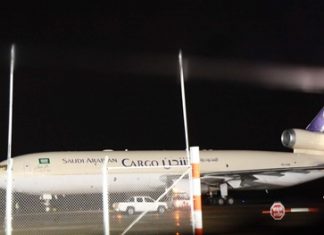 A Saudi Arabian cargo plane, one of 10 flights diverted to U-Tapao, sits on the tarmac waiting clearance to return to Suvarnabhumi.