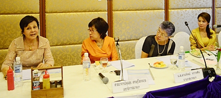 (From right) Praichit during her first meeting as president, along with Prof. Dr. Janjira Wongkhomthong and Rev. Poonsook Etsoponkul, listens to wise words of one of the founders of YWCA Pattaya, Sopin Thappajug.