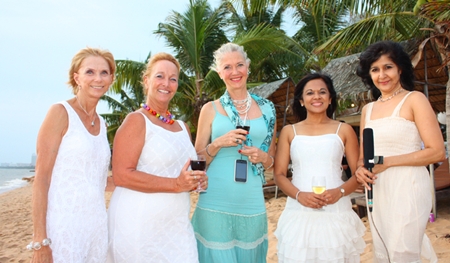 (L to R) Judy, Rosanne, Leila, Chitra and Sue look fabulous in their evening beach wear.
