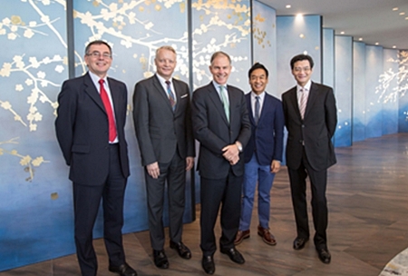 (From left to right) Gordon Ongley, Chief Operating Officer (Hong Kong) of Swire Properties; Glenn Pushelberg, founder of Yabu Pushelberg; Martin Cubbon, Chief Executive of Swire Properties; George Yabu, founder of Yabu Pushelberg; and Adrian To, General Manager, Residential of Swire Properties, pose for a photo at the opening of the Opus show apartment in May 2012.