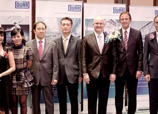 Dürr Thailand held their official opening ceremony on June 22 at the Grand Ballroom Shangri-La Hotel Bangkok. (Right to left) Dr. Hans Schumacher, President & CEO of Dürr Systems GmbH, Ralf W. Dieter, CEO of Dürr AG, Bernard Condrau, President & CEO of Dürr Thailand, Simon Oh, SEA Sales Director of Dürr Thailand, Tony Shin, Vice President of DÜRR Korea, Khanitta Khannongpho, Assistant to President & CEO DÜRR Thailand, and Sue K, PMTV Director.