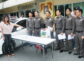 The victim points to the man who “borrowed” her heart, then stole her car.