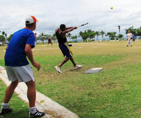 MVP of the day Jonathan hits a long ball with Andy at catcher and Phil pitching. 