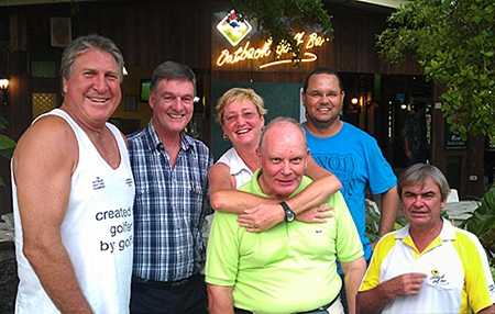 Rosco & Peter, left, with Suzi, Bob Lindborg, Barnsey and Jack, the overall winner, relax after Monday’s round at Burapha.