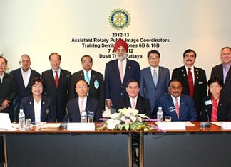 Rotary Public Image Coordinators from Pakistan, Bangladesh, Malaysia, Taiwan, Hong Kong and Thailand held a training seminar on ‘Revitalizing & Strengthening Rotary’s Brand and Enhancing Public Image’ at the Dusit Thani Pattaya recently. The seminar was chaired by Past Rotary International Director Noraseth Pathmanand (seated centre) with training sessions conducted by Rotary Public Image Coordinators Pratheep S. Malhotra (seated 2nd right) and Dr Jason C.H. Yeung (seated 2nd left) from Zones 6B and 10B of Rotary International respectively. In attendance were (seated left & right) PP Onanong Siripornmanut (Thailand) and PP Amy Leung (Hong Kong). Standing l-r are PDG Thongchai Lortrakanon (Thailand), PDG Chow Nararidh (Thailand), PDG Ray Ching Chang (Taiwan), PDG Dr M Mosharraf Hossain (Bangladesh), PDG Dr Rajindar Singh (Malaysia), PDG Hung-Ming Chang (Taiwan), PP Satwat Butt (Pakistan) and special guest speaker Howard Posener.