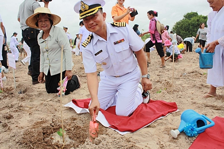 High ranking navy officers, along with their families and friends, plant trees in honor of HRH the Crown Prince’s birthday. 
