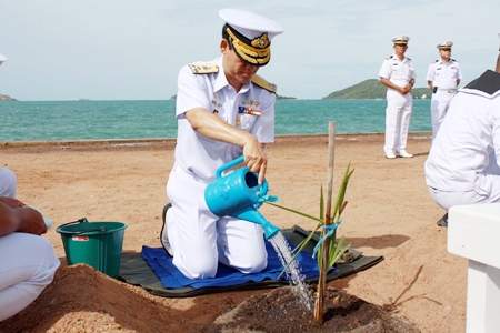 Vice. Adm. Chainarong Charoenrak leads the Aug. 9 ceremony to plant 100 “super palm” trees at Dongtan Bay. 