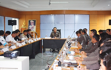 Gen. Somyos Pumpanmuang, a consultant for the Royal Thai Police, meets with top officials from the Region 2, Chonburi and Tourist police bureaus. 
