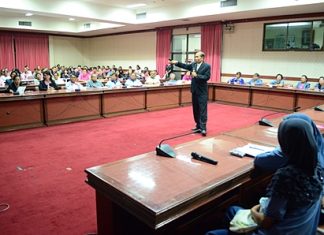 Thongsuk Mantrathorn, president of Preservation of Thai Cultures and Language Club, talks about how to promote health care.