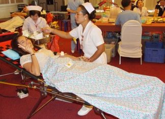 Supinda Jaturongkhakul does her part to help refill Somdej Na Sriracha Hospital’s blood banks.