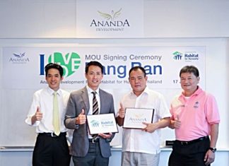 Chanond Ruangkritya, President and CEO of Ananda Development Pcl., (2nd left) and Chamnarn Wangtal (2nd from right), CEO of Habitat for Humanity Thailand, sign the MOU to build the flood shelter in Bang Ban district of Ayutthaya.