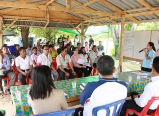 Plutaluang residents and officials meet to protest a Chinese-owned oil-reprocessing facility, citing unpleasant odors and suspicions that foreigners were polluting the Thai countryside.