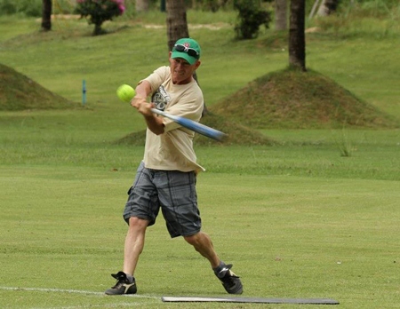 Ernie blasts the ball to right field. 