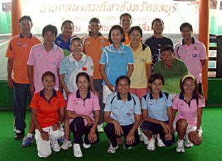 Thailand’s elite lawn bowlers pose for a photo at the Coco Club in Pattaya, Sunday, Sept. 2.