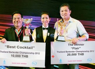 Dusit Thani Pattaya flies high in nationwide bartending competitions Kanda Namboran (middle) celebrates with her colleagues Luechai Numrat (left) and Pin Krasang after winning two major awards at the Thailand Bartender Championship in BITEC, Bangkok