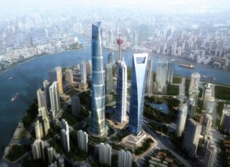 An artist’s impression shows the completed Shanghai Tower in the busy Lujiazui financial district of the city.