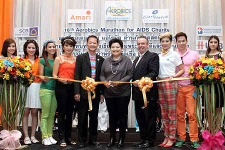 Saisom Wongsasuluck (centre), President of Caring Hearts for Aids Foundation presided over the opening of the ‘16th Aerobic Marathon on AIDS’ organized by the Amari Watergate Bangkok recently. Proceeds were donated to the Chalerm Prakiat School in Lampoon and Baan Gerda in Lopburi province to support HIV-infected orphans. (l-r) Sarita Sawadkumthorn, Nantavimol Polpanitch, Tichacha Boonruangkao, Nichaya Chaivisuth, Director of Communications & PR, Preecha Wongsasuluck, Saisom Wongsasuluck, GM Pierre Andre Pelletier, Phimmshin Phakaphatchon, Kunakom Polpanitch and Kanoklada Butrpimpa.