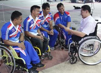 Returning Paralympians share their experiences with Suporntum Mongkolsawadi, director of the Father Ray Foundation.