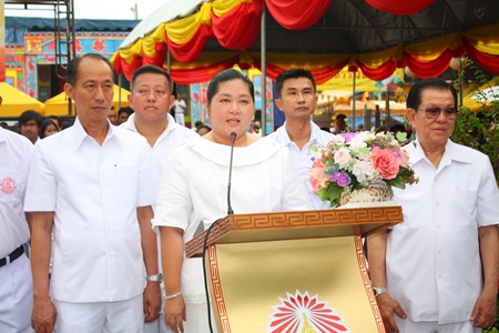 Culture Minister Sukumol Kunplome gives her opening speech at the Satisfied Hearts and Minds Vegetarian Festival at the Sawang Boriboon Thammasathan Foundation in Naklua.