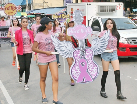 Ms. Hard Rock 2011-2012 contestants, including the winner (partially hidden behind the pink guitar) are participating in the event this year.