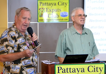 PCEC member “Hawaii” Bob announces the drawing winners of discount certificates for Frugal Freddy member restaurants in Pattaya.
